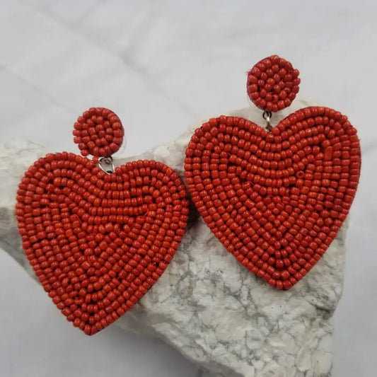 Valentines Red Beaded Heart Earrings