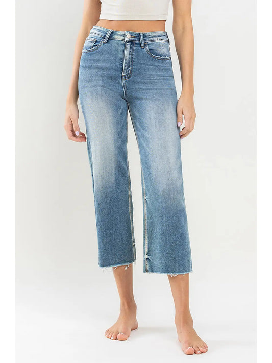 Super High Rise Raw Hem Wide Leg Jeans